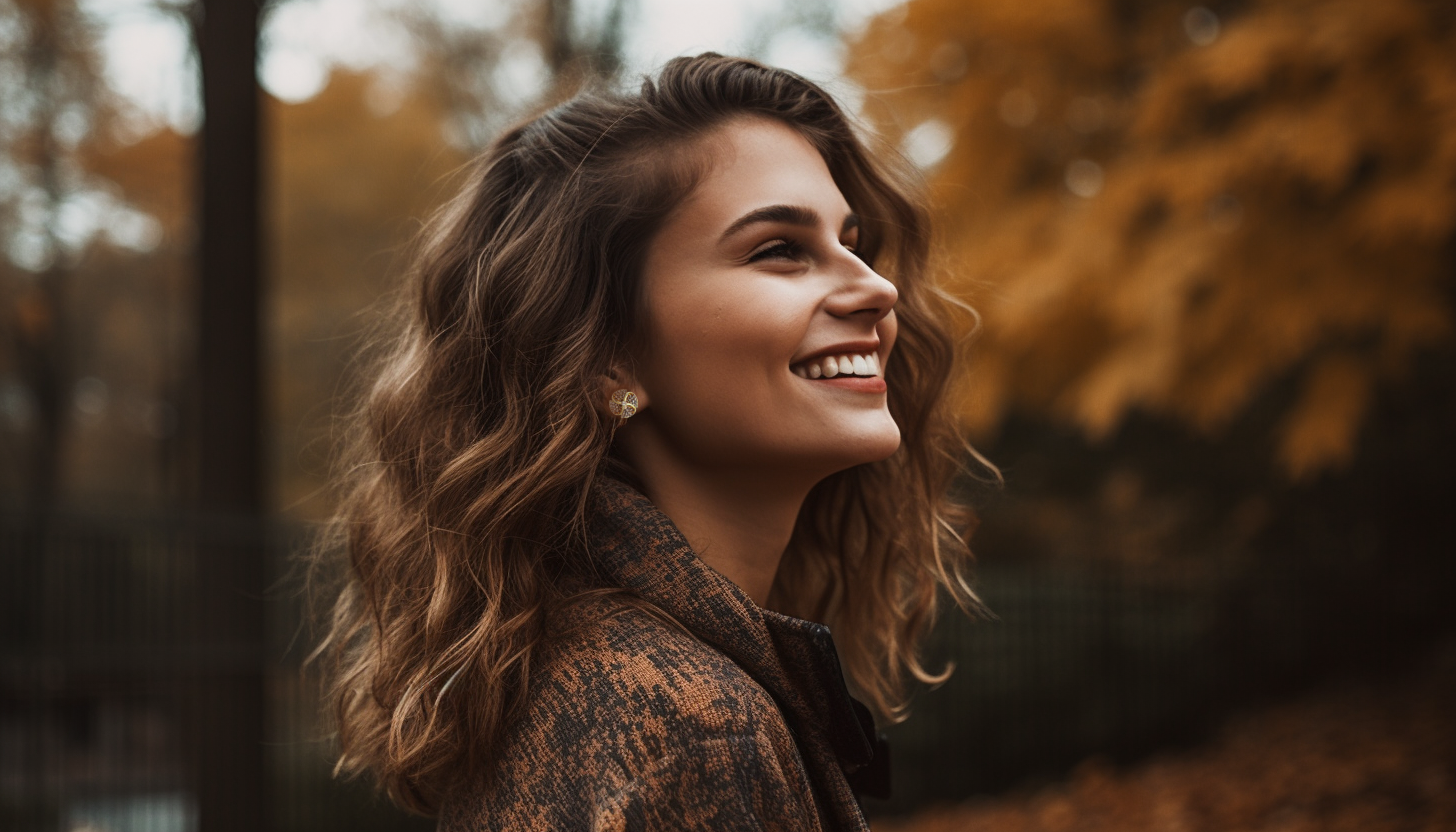 side profile of a smiling wavy haired woman wearing gold-plated earrings in the fall season