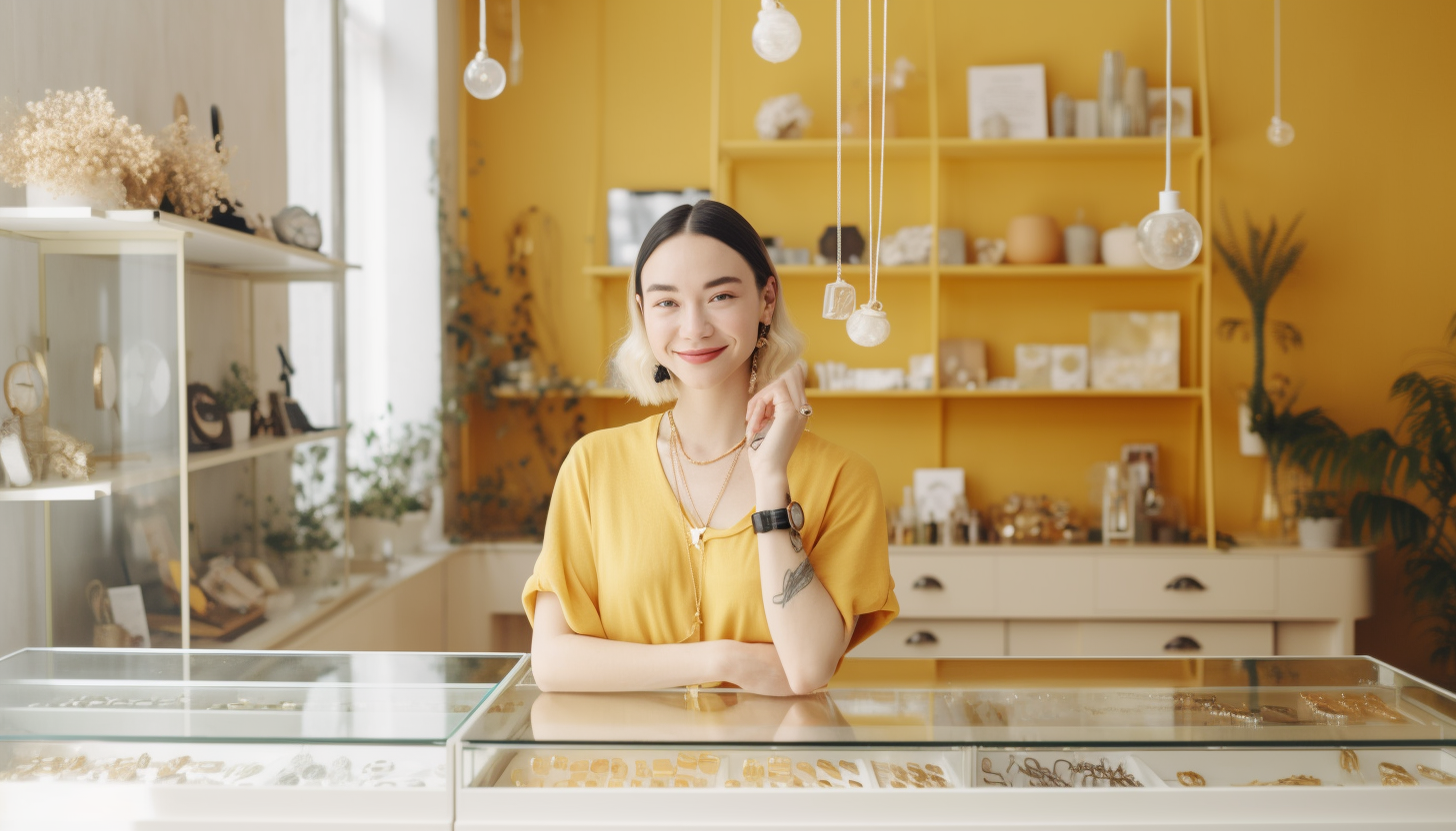 small minimalist fashion jewelry store with pastel yellow walls, smiling Asian owner behind one of the displays