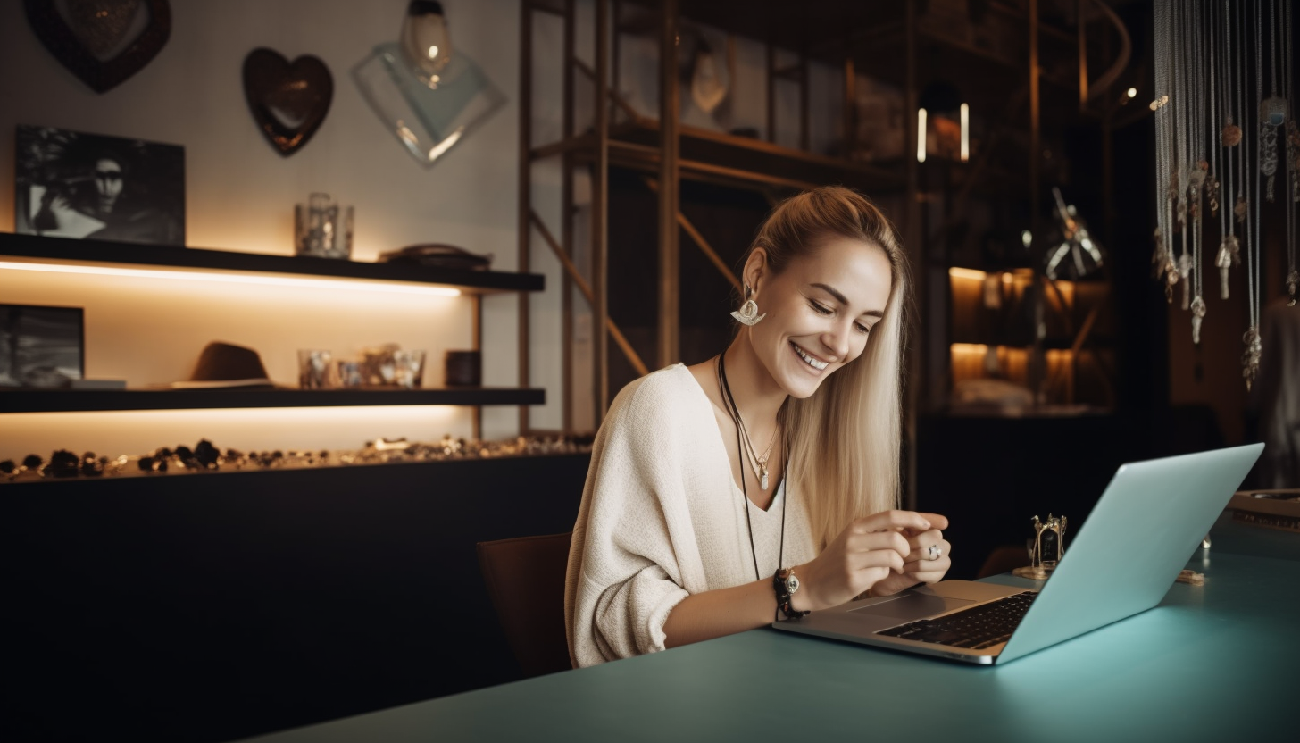 smiling blonde woman in front of her laptop