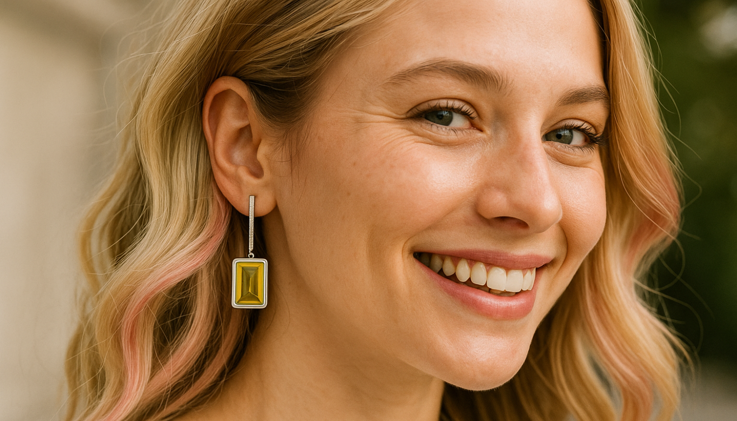 smiling curly haired blonde woman wearing CJ378 Wholesale Women's Stainless Steel Top Grade Crystal Topaz Rectangle Dangle Earrings