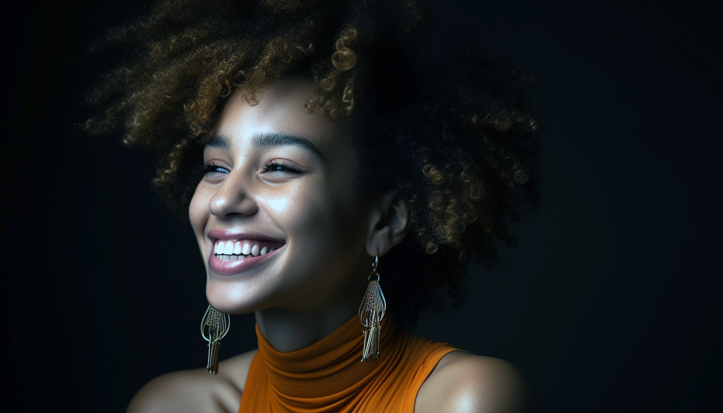 smiling curly haired woman wearing drop earrings and an orange top against dark background