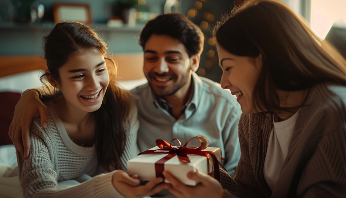 smiling dad and teenage daughter handing mom a Mother's Day present in a small white box with burgundy ribbons