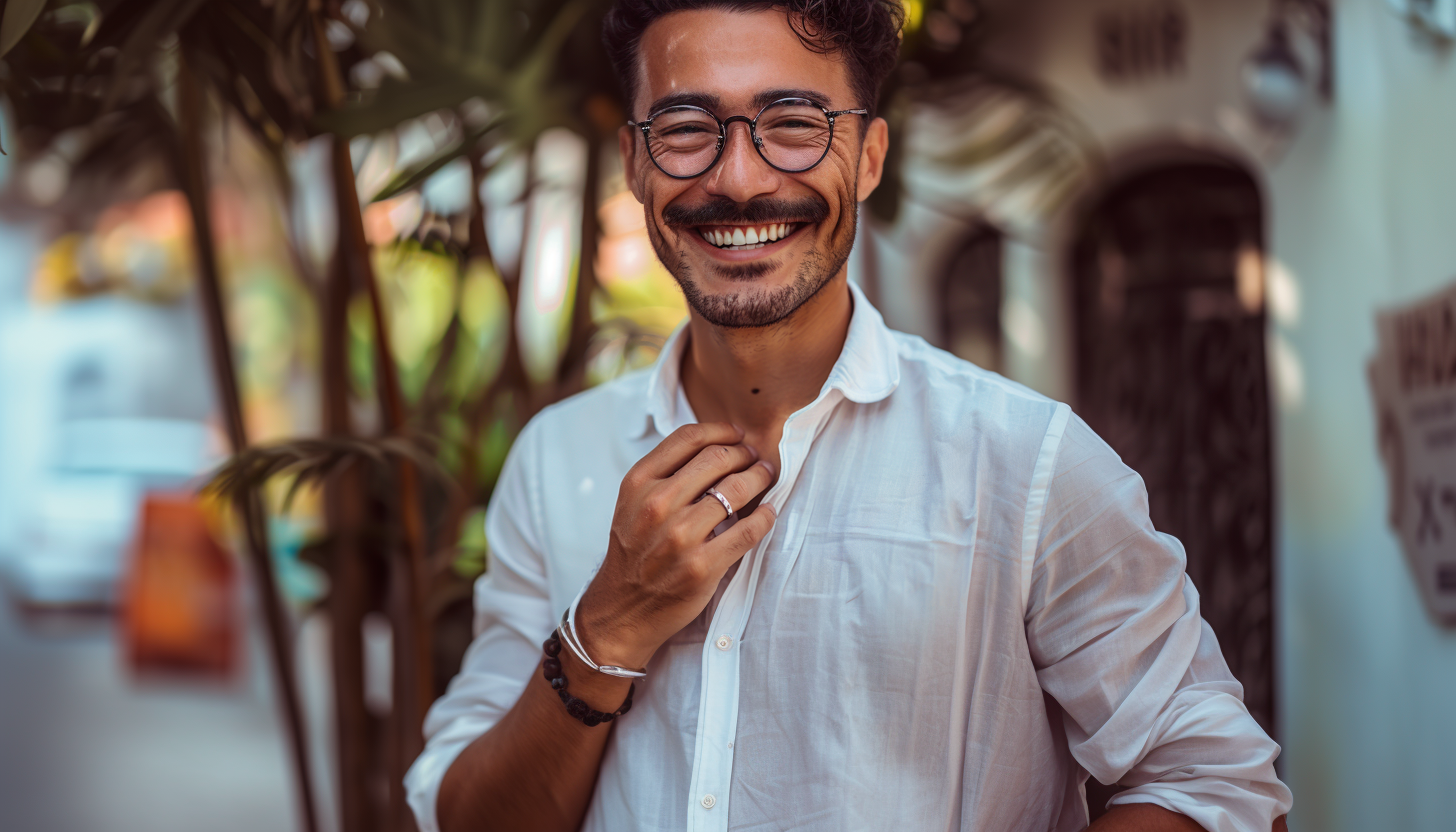 smiling dad wearing a comfy white shirt, black-framed glasses and a stainless steel ring on his finger