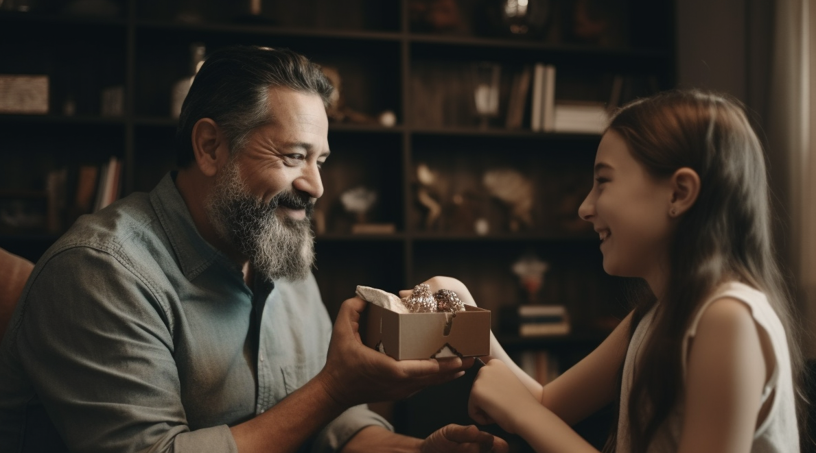 smiling dad with gray hair and beard receiving a small ring box from smiling preteen daughter in the living room