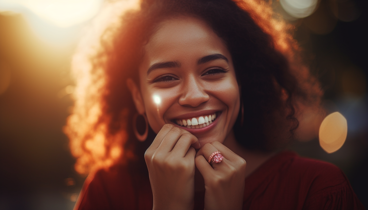 smiling empowered curly haired woman wearing a slef-love fashion ring with pink CZ,