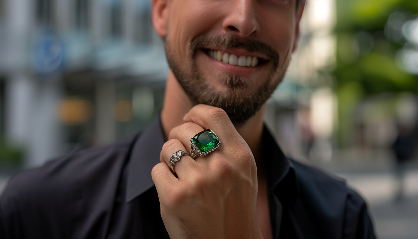 smiling man wearing emerald green crystal fashion ring and black collared shirt