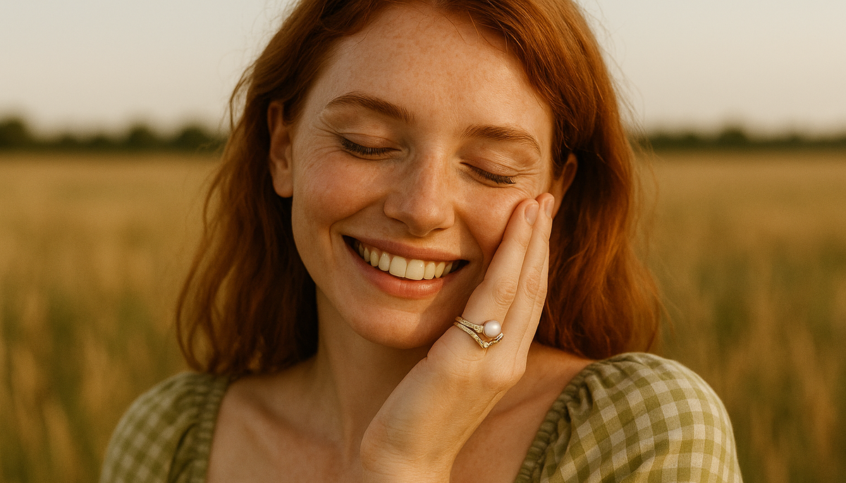 smiling redhead in a green gingham dress in a field her eyes closed her left hand on her cheek wearing pink pearl fashion rings