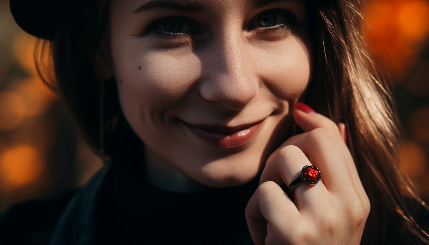 smiling woman wearing a black-plated fashion ring with red crystal accent