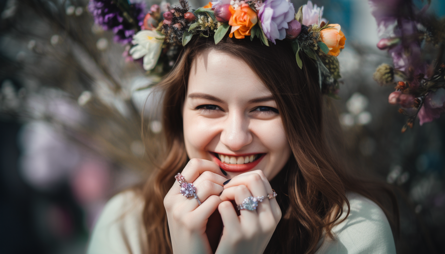 smiling woman wearing a flower crown and fashion rings on her fingers