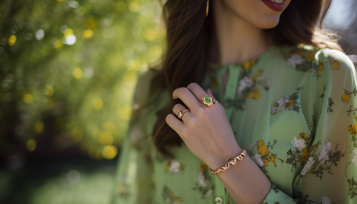 smiling woman wearing fashion rings and a green floral dress