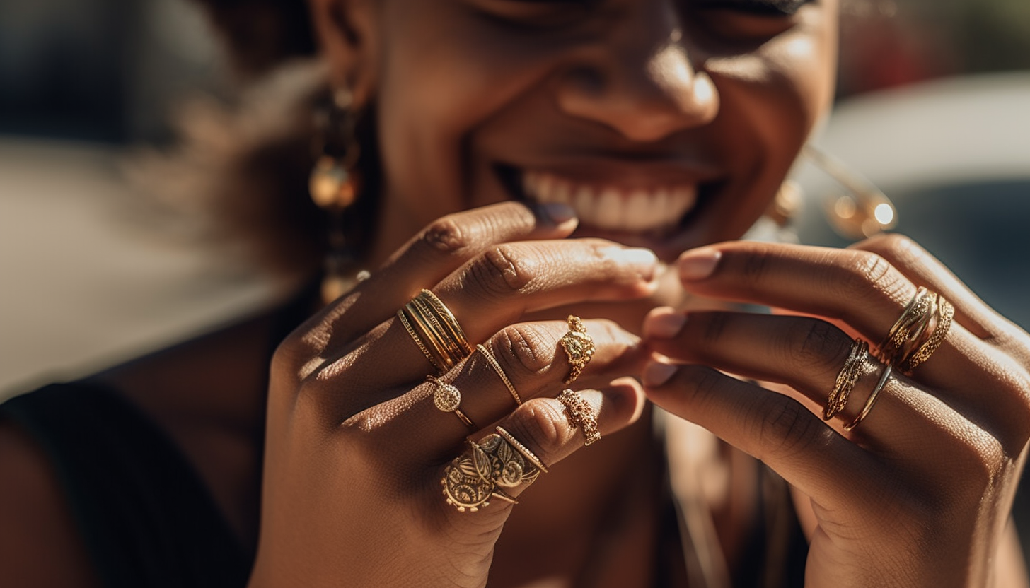 smiling woman wearing stackable rings on her finger