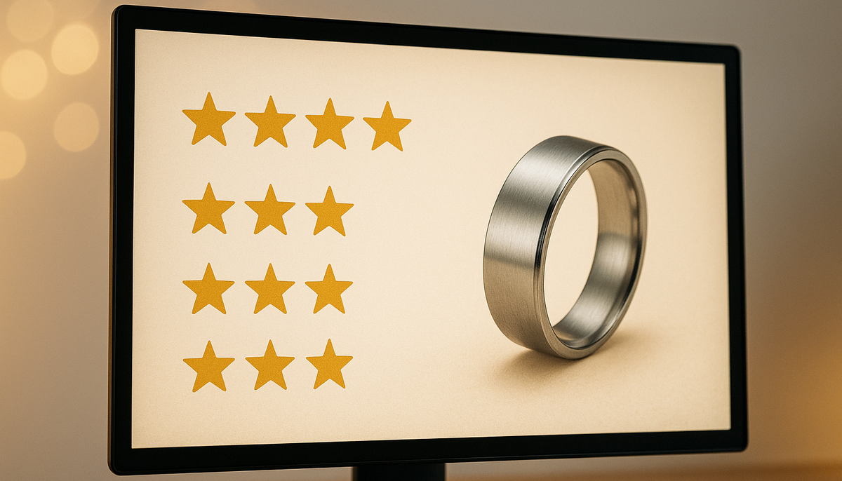 star reviews of a fashion ring shown on a computer monitor
