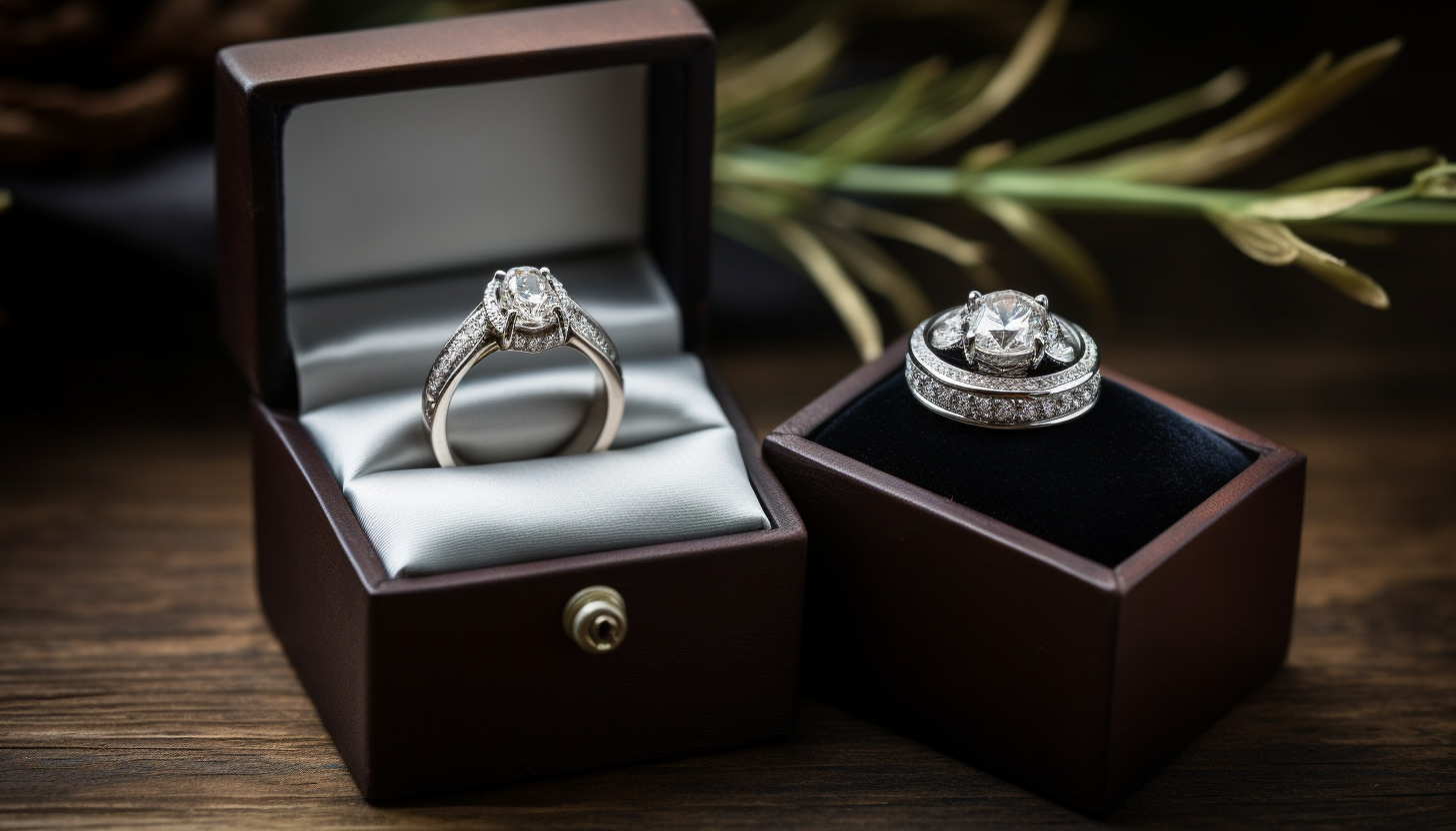 sterling silver cz ring in a satin-lined ring box and a stainless steel cz ring set in a velvet-lined ring box on a wooden table