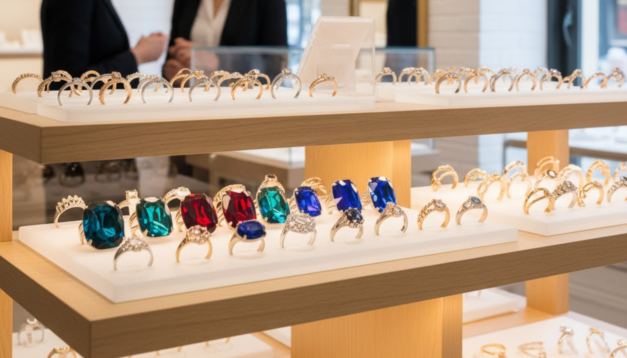 stylish display of different types of fashion rings on a stand in a well-lit jewelry store setting with a blurred background of two customers browsing