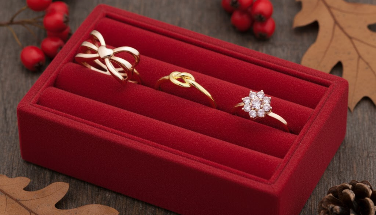 three Ceri Jewelry wholesale fashion rings on a red ring tray with fall elements