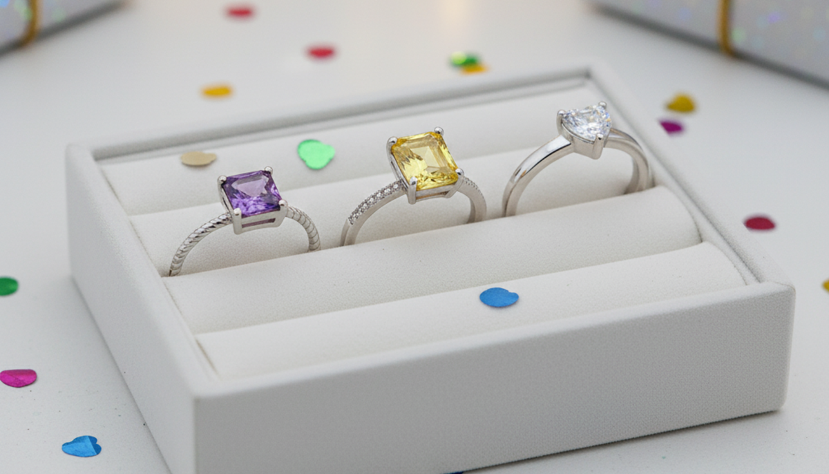 three Ceri Jewelry wholesale fashion rings on a white ring tray with festive elements in the background