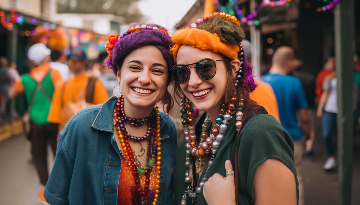 two smiling young women in a mardi gras celebration in the french quarter