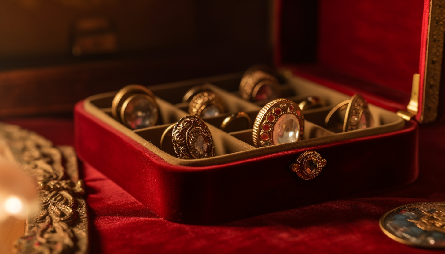 vintage-inspired fashion rings on a red velvet jewelry organizer