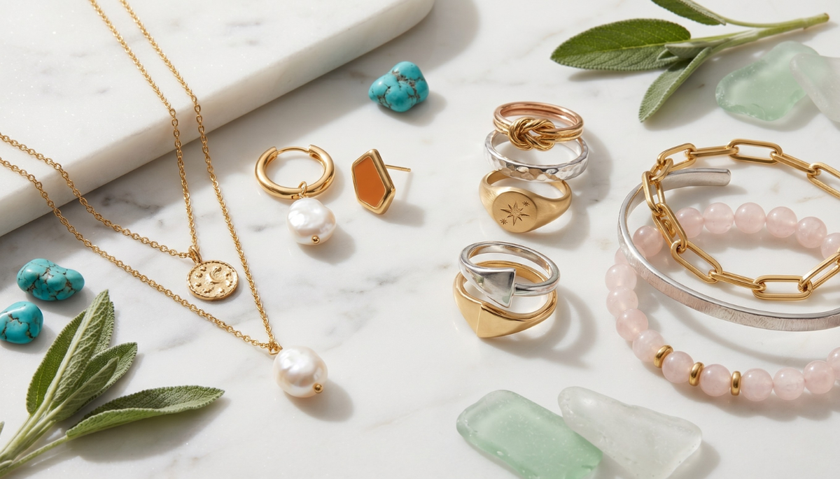 wholesale fashion jewelry pieces for summer on a white marble surface