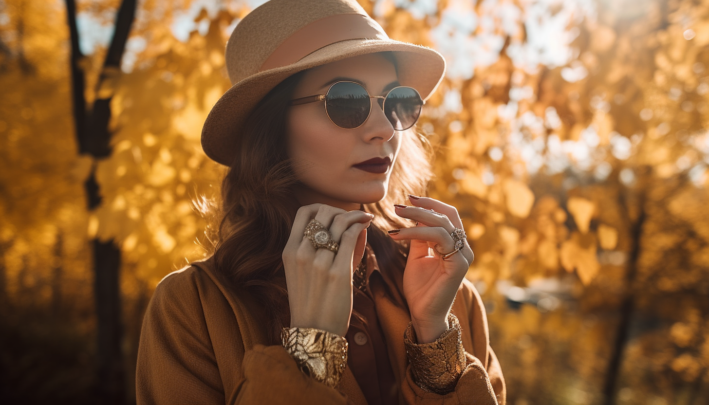 woman in a brown outfit, brown hat, and sunglasses, showing off her fashion rings. in the background are trees with yellow leaves