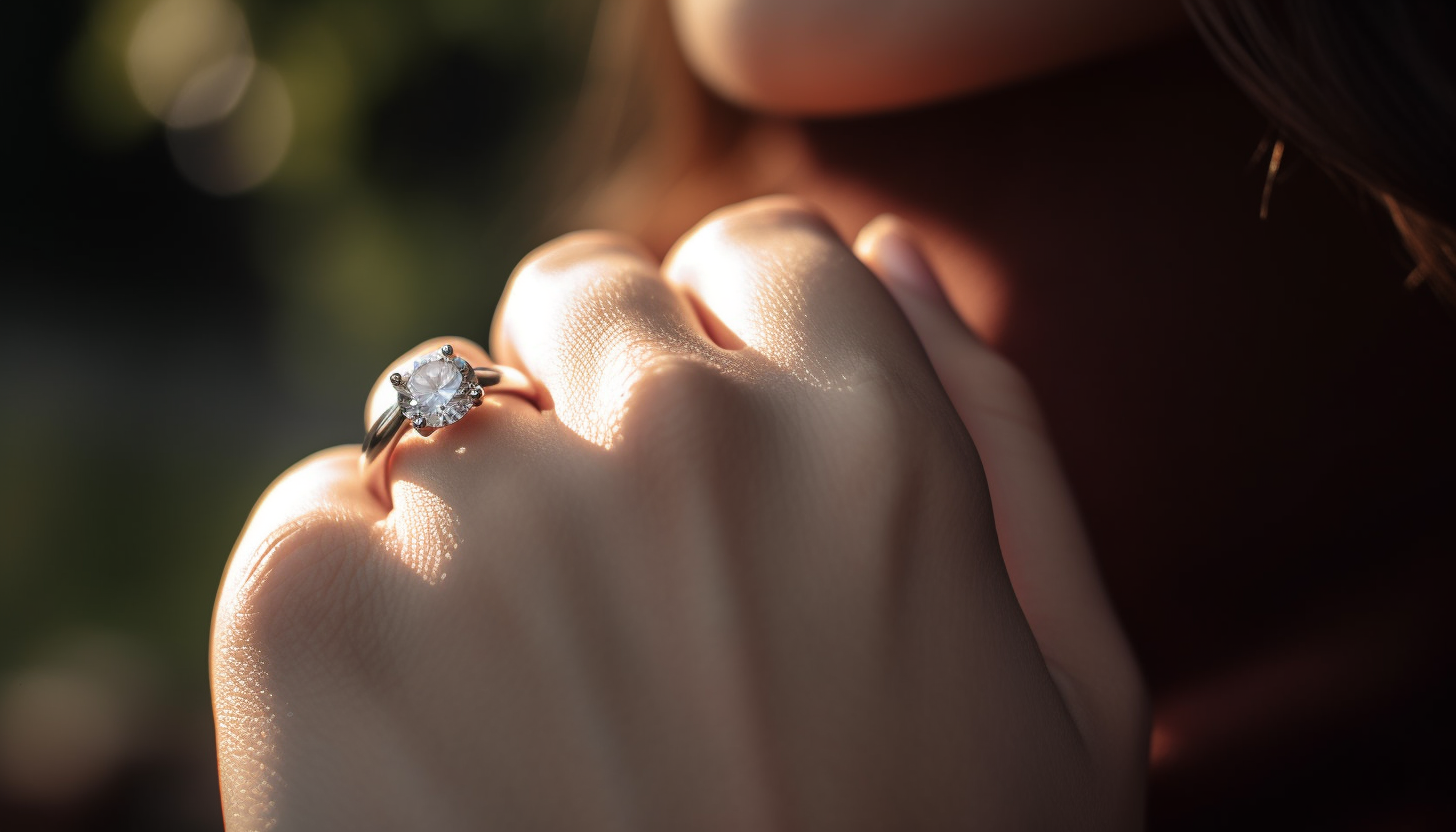 woman's hand wearing a moissanite engagement ring in a solitaire style, sunny glow