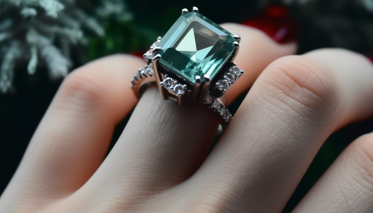 woman's hand wearing a sea blue crystal fashion ring
