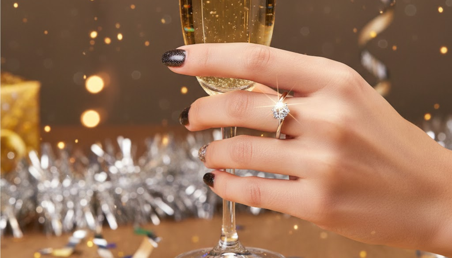 woman's manicured hand wearing a moissanite fashion ring holding a champagne glass, with a festive, blurred New Year's Eve party background