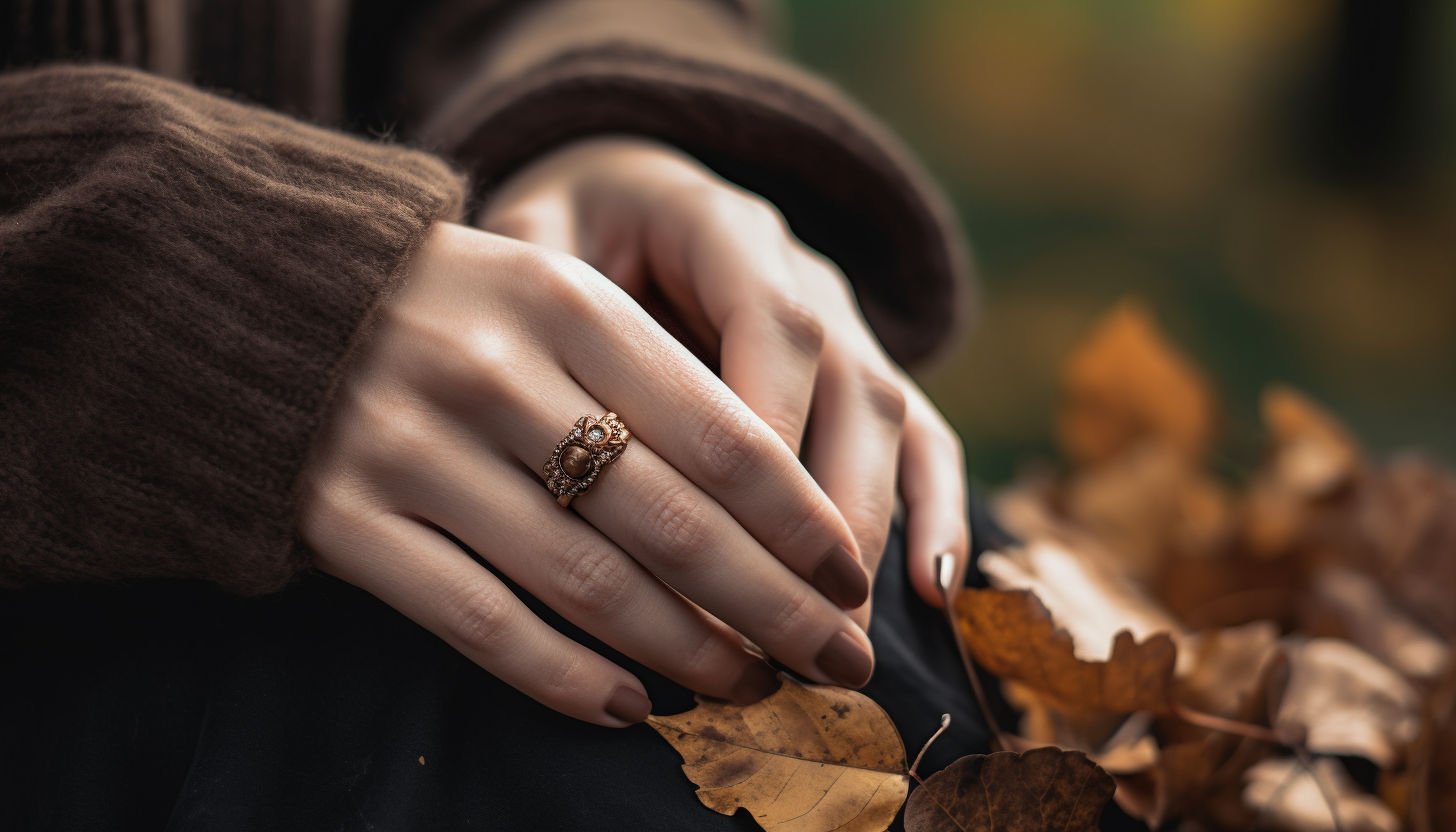 woman wearing a coffee-plated fashion ring with brown nail polish and brown sweater