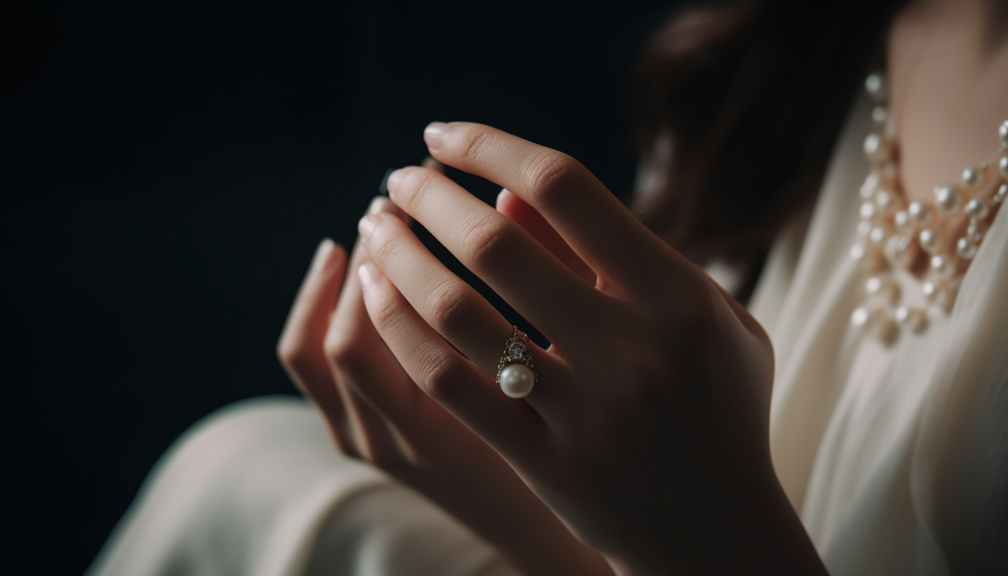 woman wearing a pearl fashion rings and layered pearl necklaces