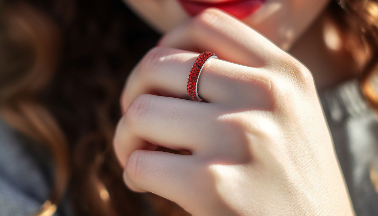 woman wearing infinite sparkle ring in siam red crystals