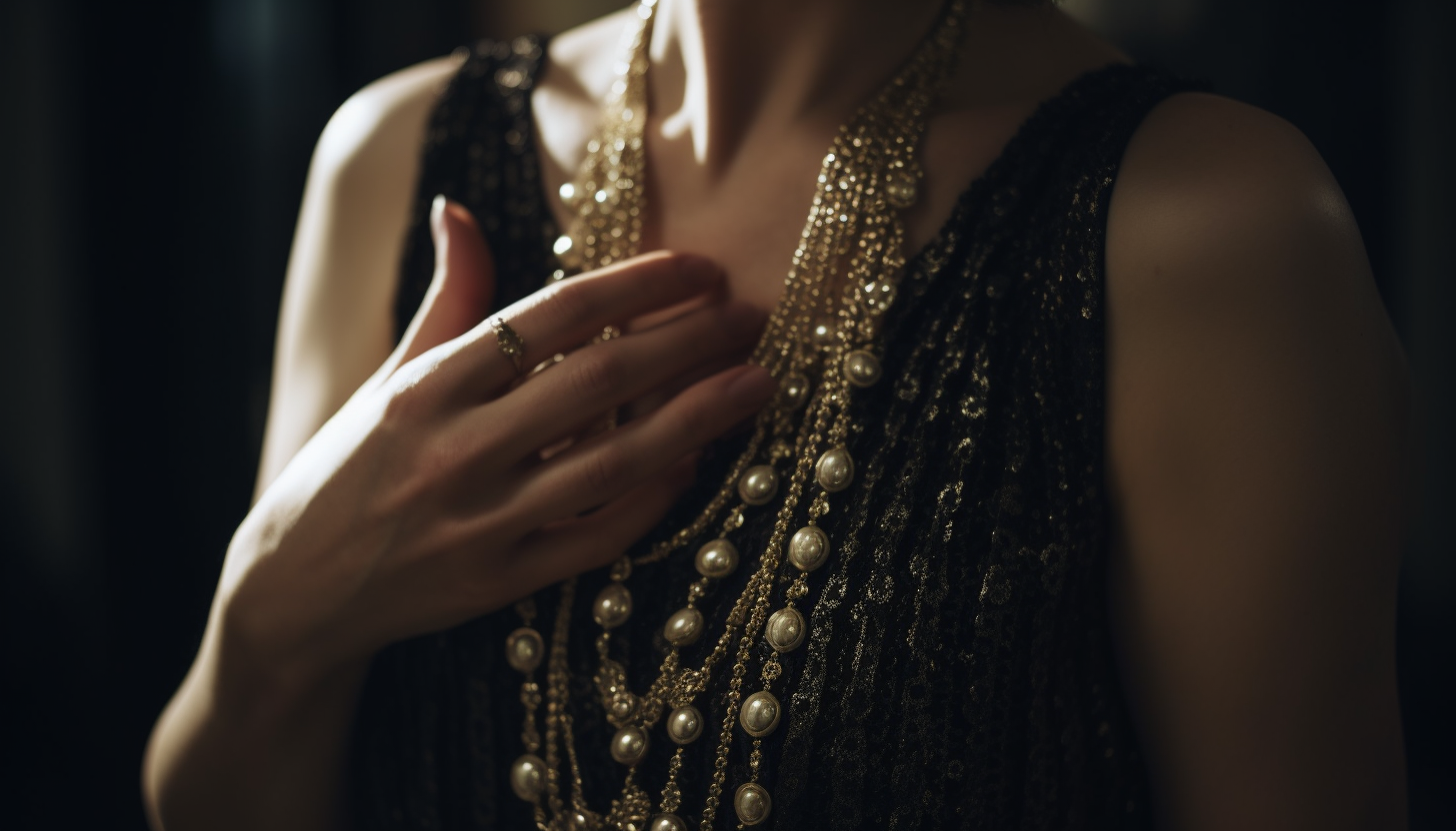 woman wearing layers of pearl necklaces and a black dress in a new year's eve party