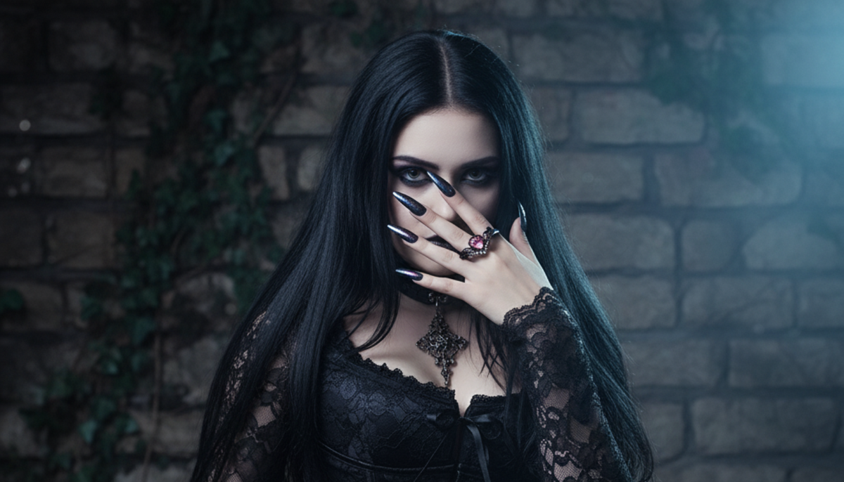 woman with black hair wearing a gothic dress and manicured black nails wearing black plated fashion rings