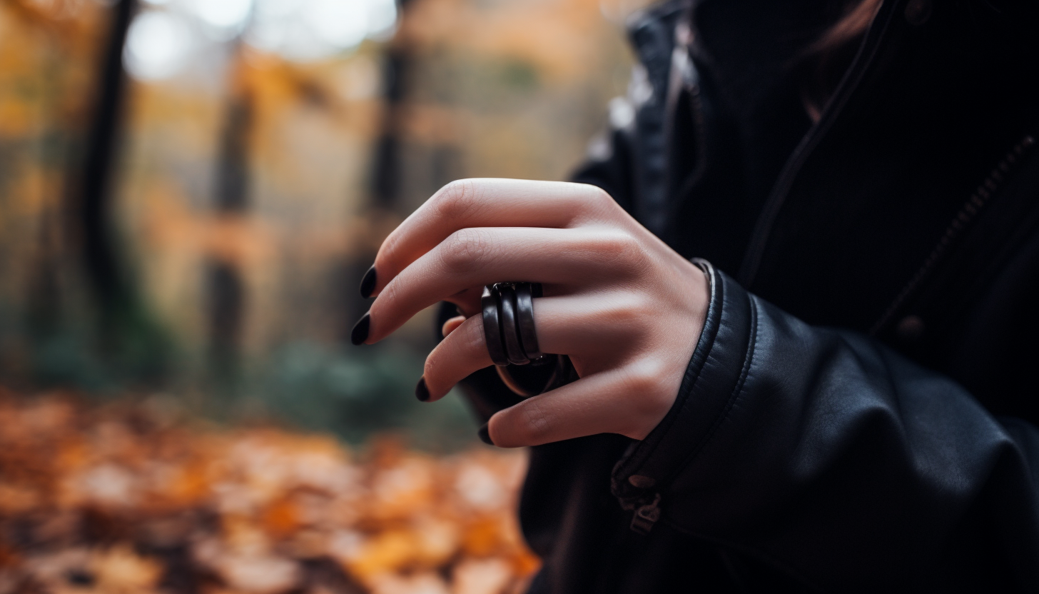 woman with black nails wearing stackable black-plated fashion rings