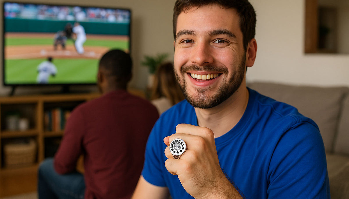 young adult who is a baseball fan in his living room watching a baseball game and wearing Ceri Jewelry baseball fashion ring