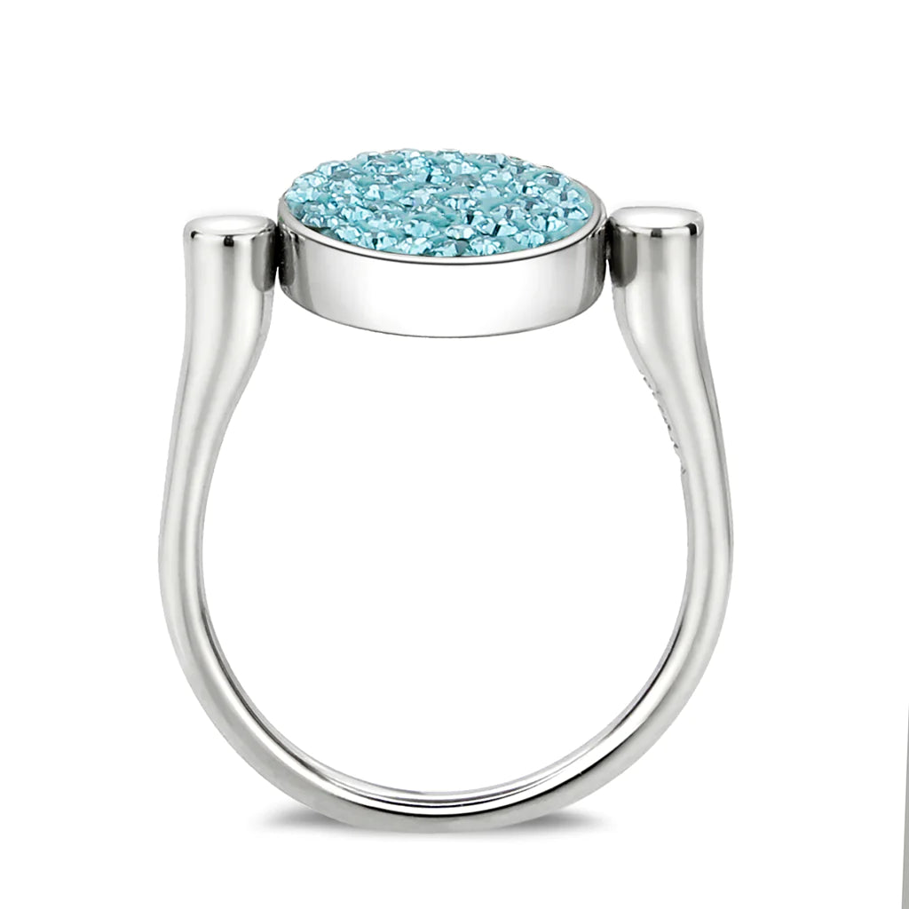 CJ385403 Wholesale Women&#39;s Stainless Steel Top Grade Crystal Round Sea Blue Ring