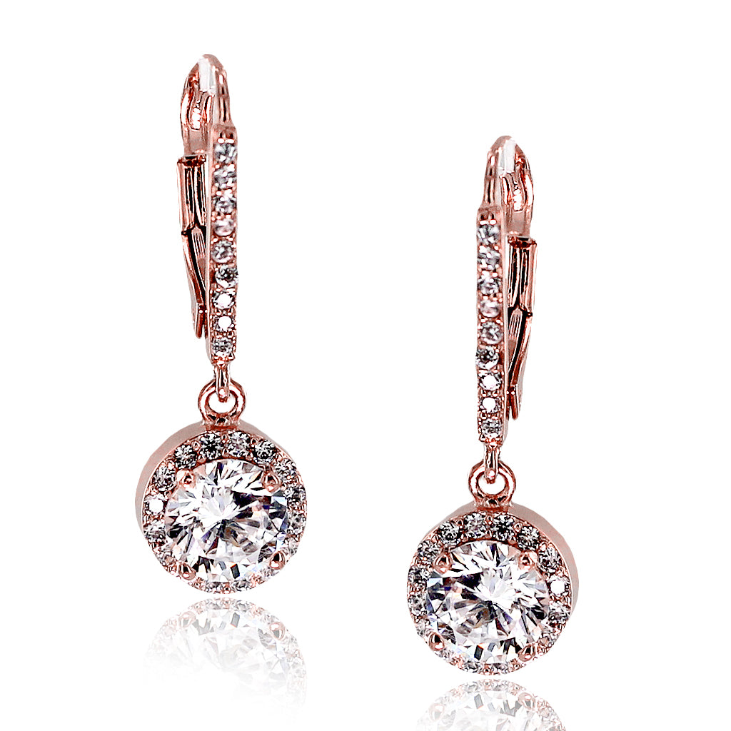 Brilliant Round CZ 14K Rose Gold Plated Sterling Silver Drop Earrings