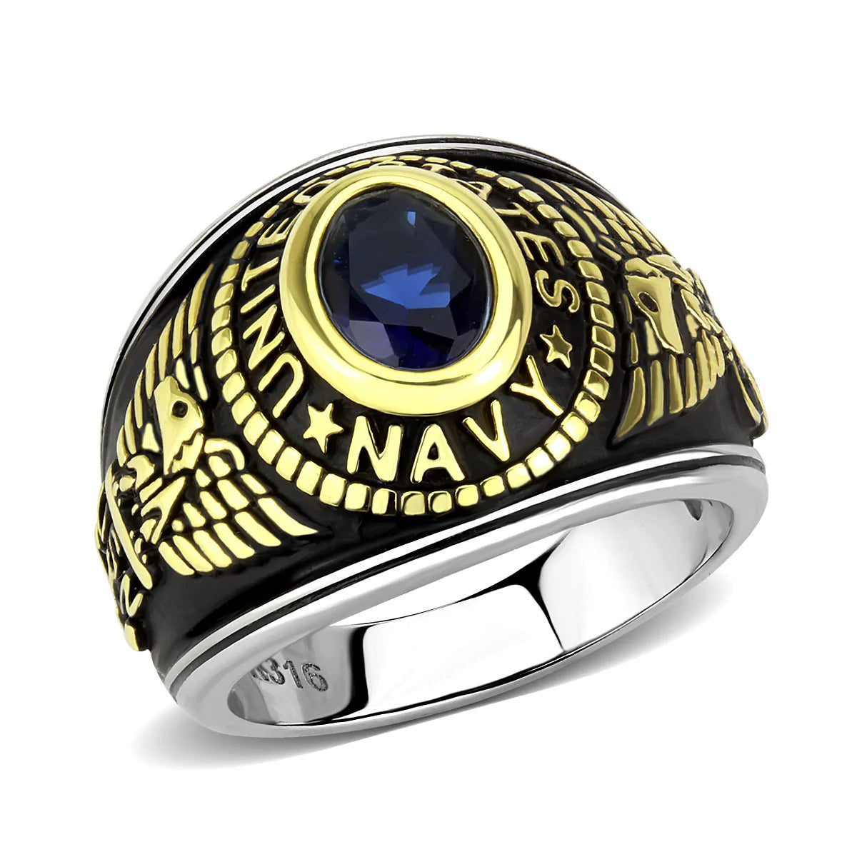 CJ3726 Wholesale Unisex Stainless Steel Two-Tone IP Gold Synthetic Montana United States Navy Military Ring