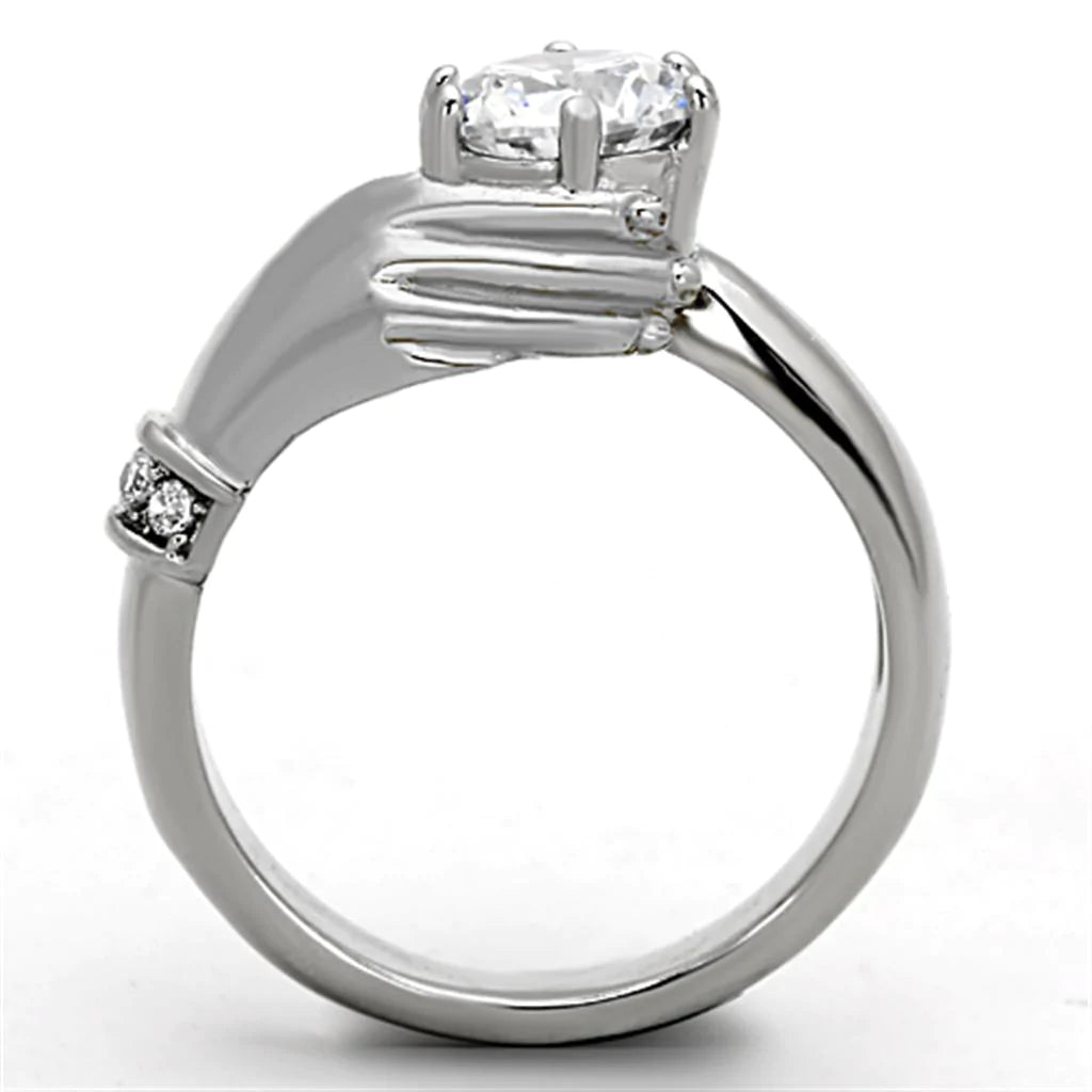 CJ1230 Wholesale Women&#39;s Stainless Steel Clear AAA Grade CZ Solitaire Claddagh Ring