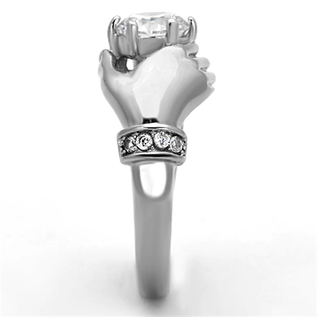 CJ1230 Wholesale Women&#39;s Stainless Steel Clear AAA Grade CZ Solitaire Claddagh Ring