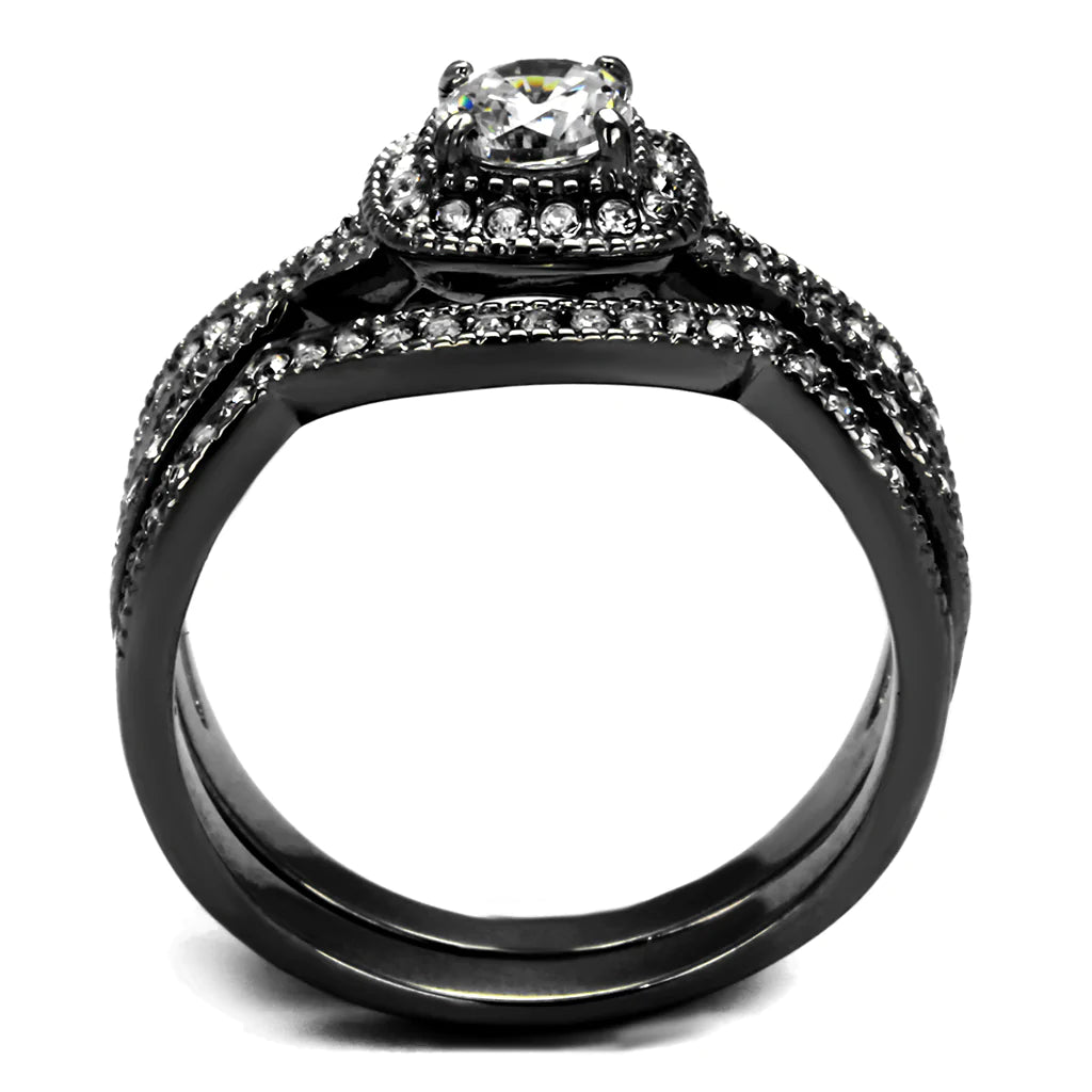 CJ2296J Wholesale Women&#39;s Stainless Steel Clear AAA Grade CZ Black Wedding Ring Set