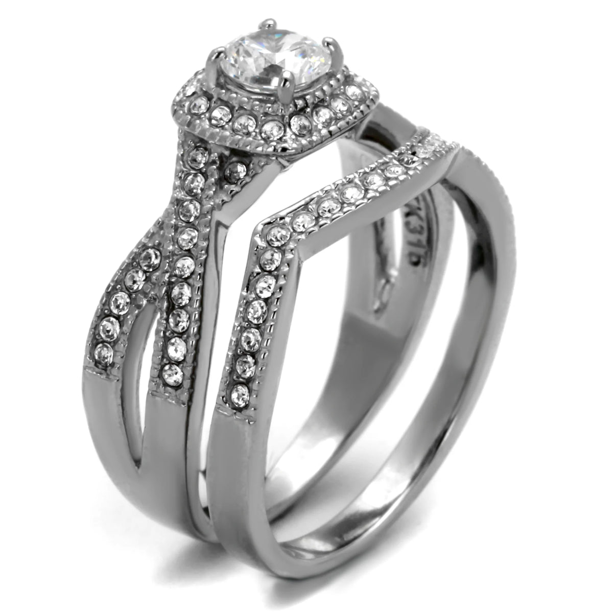 CJ2286 Wholesale Women&#39;s Stainless Steel Clear AAA Grade CZ Engagement Ring Set