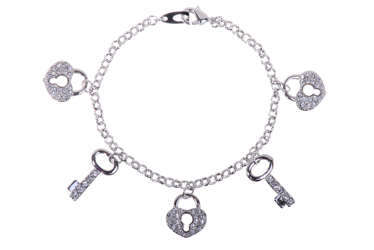 B7109 Lock &amp; Key Rhodium Plated Swarovski Element Bracelets