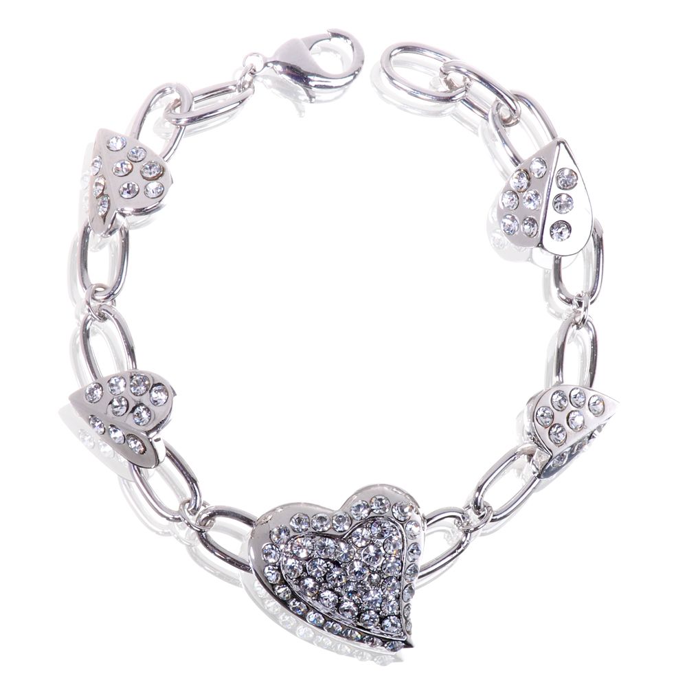 B7111 Heart Link Rhodium Plated Swarovski Elements Chain Bracelet