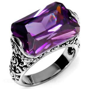 CJ7700OS Wholesale - Stainless Steel Ornate Amethyst Rectangle CZ Cocktail Ring