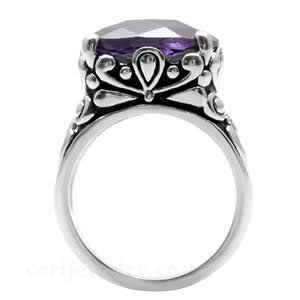 CJ7701OS Wholesale - Stainless Steel Ornate Amethyst Cushion Cut CZ Cocktail Ring