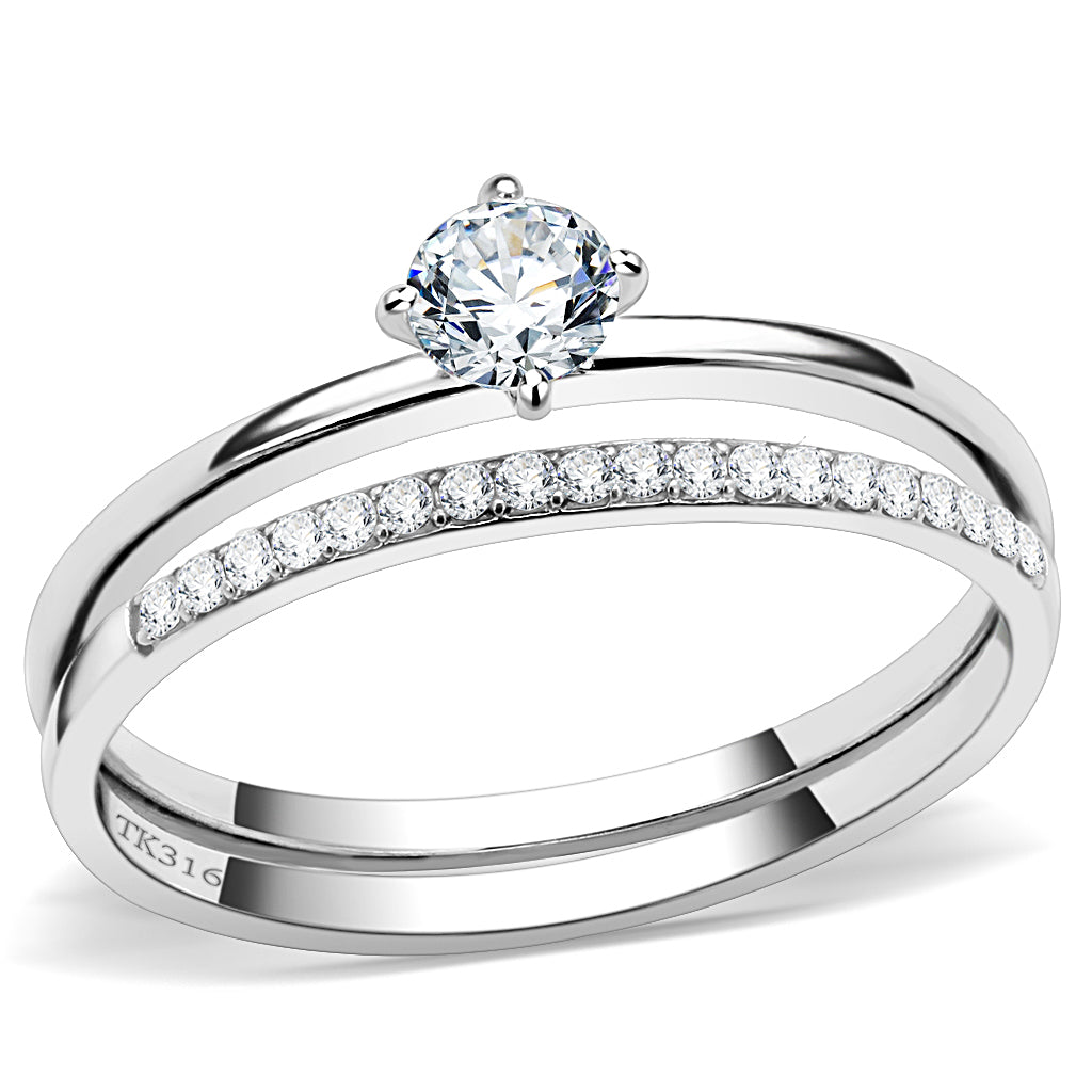 CJ206 Wholesale Women&#39;s Stainless Steel AAA Grade Clear Cubic Zirconia Minimal Wedding Ring Set
