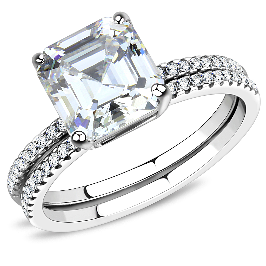 CJ065 Wholesale Women's Stainless Steel Square Cut Cubic Zirconia Clear Solitaire Engagement Ring Set