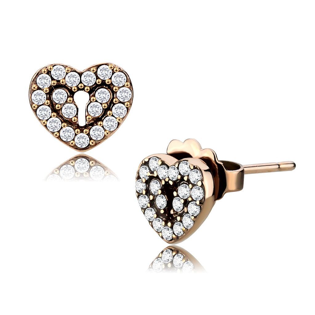 CJ085 Wholesale Women&#39;s Stainless Steel IP Rose Gold AAA Grade CZ Clear Lock Heart Earrings