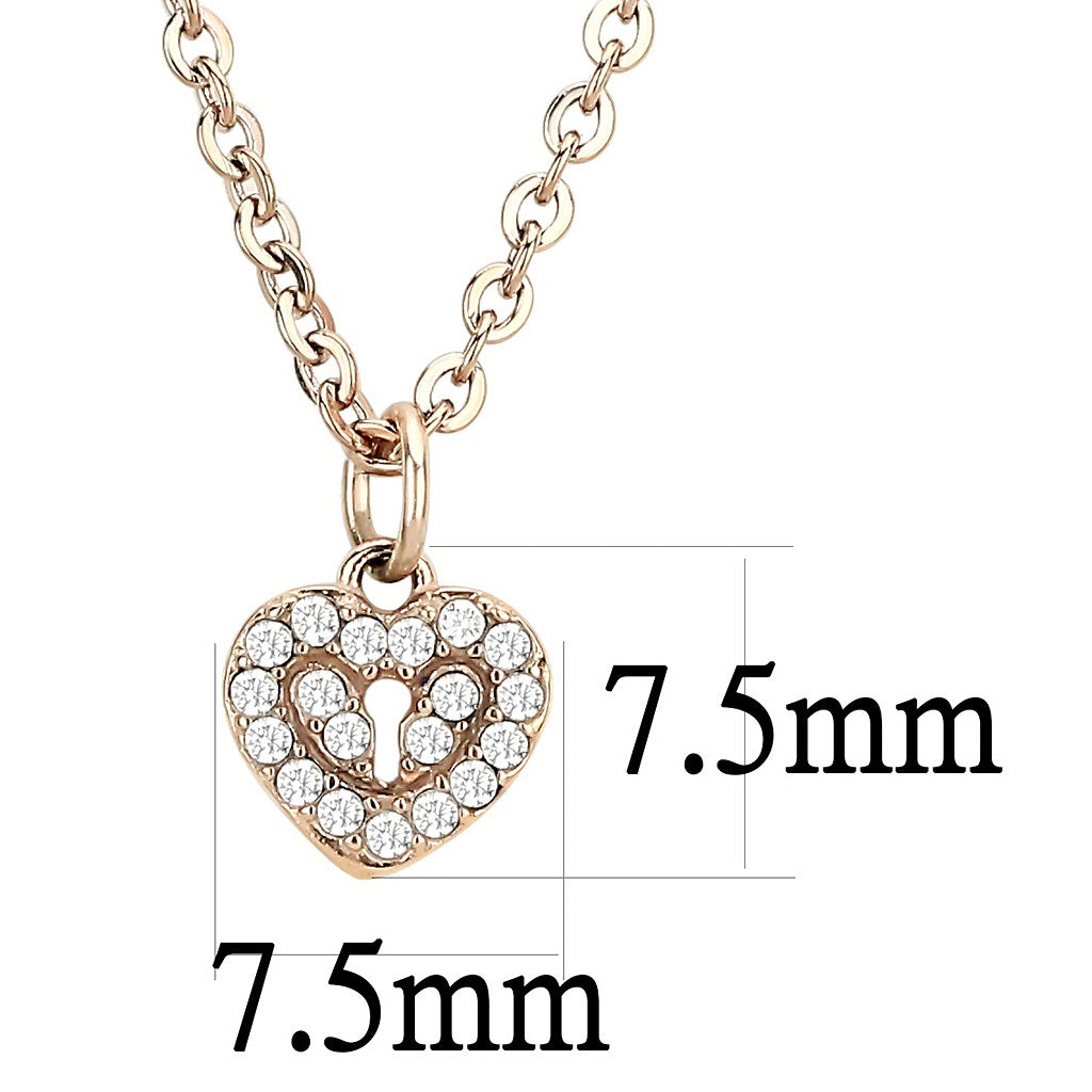 CJ086 Wholesale Women&#39;s Stainless Steel IP Rose Gold AAA Grade CZ Clear Lock Heart Chain Pendant