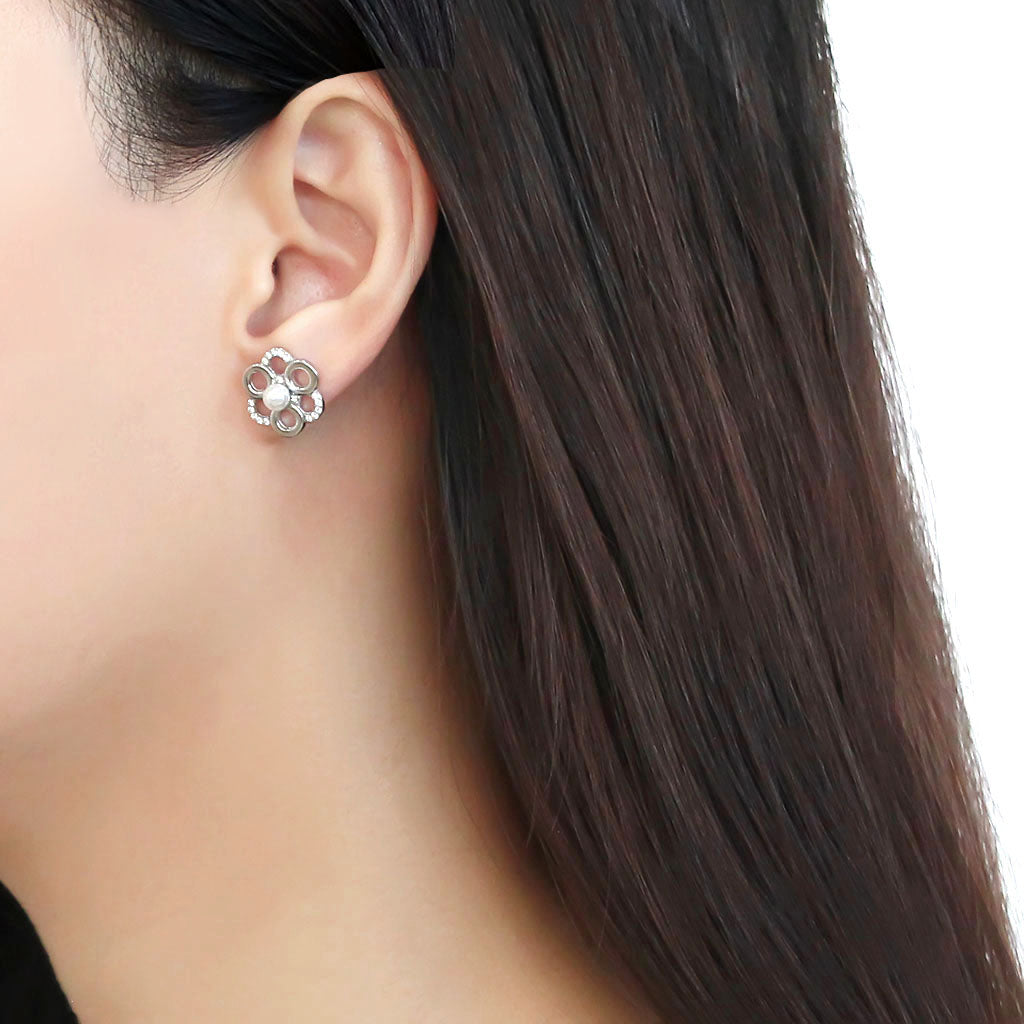 CJ214 Wholesale Women&#39;s Stainless Steel Synthetic White Pearl Flower Cuff Earrings